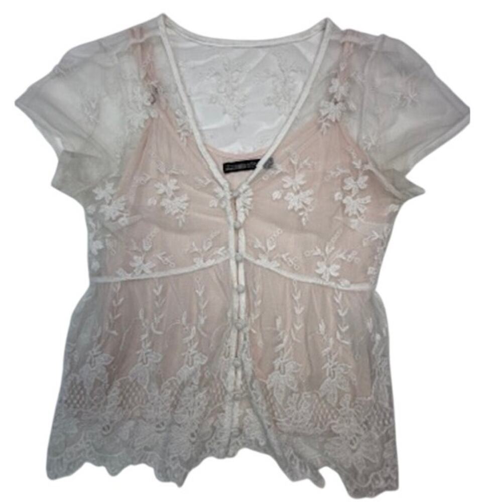 Abercrombie & Fitch Lace Peplum Top XS White Sheer Floral Embroidered Blouse